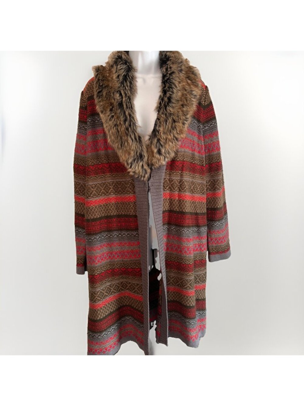 Anne Klein Long Sweater Robe Faux Fur Collar Red Gray XL NWT